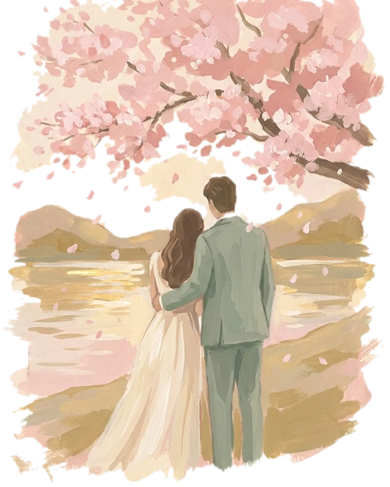Ilustrație pictată a mirilor, din spate, sub un cireș înflorit